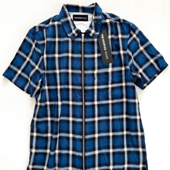 The Kooples Jeans Zip Up Short Sleeve Check Shirt Blue - Picture 2 of 4
